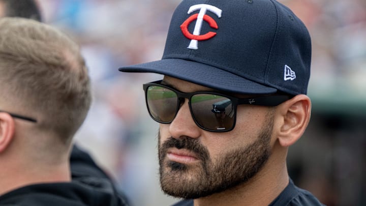 Feb 22, 2025; Fort Myers, Florida, USA; Minnesota Twins pitcher Pablo Lopez (49) in the dugout during their game against the Atlanta Braves at Lee Health Sports Complex. Mandatory Credit: Chris Tilley-Imagn Images
