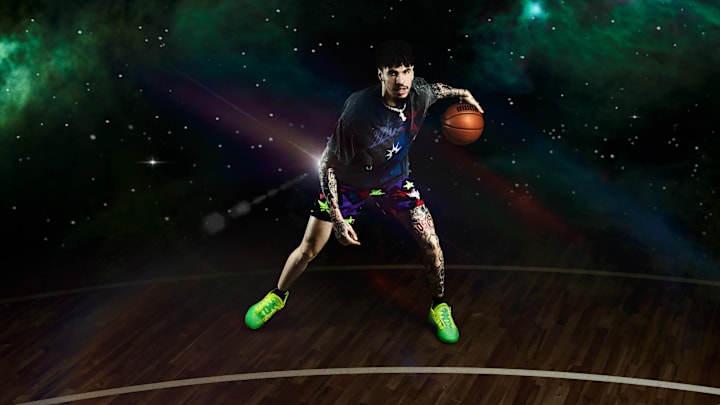 LaMelo Ball debuts the PUMA MB.05 Lo "Flourish" colorway. LaMelo Ball debuts the PUMA MB.05 Lo "Flourish" colorway.
