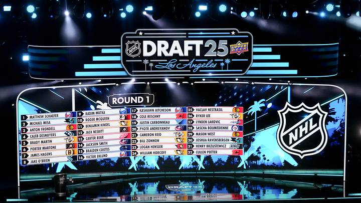 Jun 27, 2025; Los Angeles, California, USA; The draft board is seen following the first round of the 2025 NHL Draft at Peacock Theater. Mandatory Credit: Kirby Lee-Imagn Images