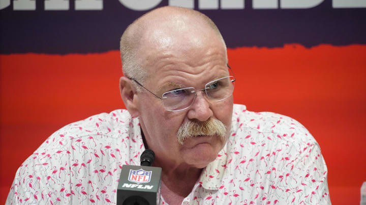 Feb 3, 2025; New Orleans, LA, USA; Kansas City Chiefs head coach Andy Reid during Super Bowl LIX Opening Night at Ceasars Superdome. Mandatory Credit: Kirby Lee-Imagn Images