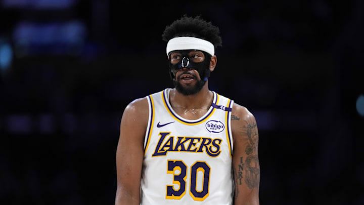 Mar 16, 2025; Los Angeles, California, USA; Los Angeles Lakers guard Jordan Goodwin (30) wears a protective face mask against the Phoenix Suns in the second half at Crypto.com Arena. Mandatory Credit: Kirby Lee-Imagn Images Mar 16, 2025; Los Angeles, California, USA; Los Angeles Lakers guard Jordan Goodwin (30) wears a protective face mask against the Phoenix Suns in the second half at Crypto.com Arena. Mandatory Credit: Kirby Lee-Imagn Images