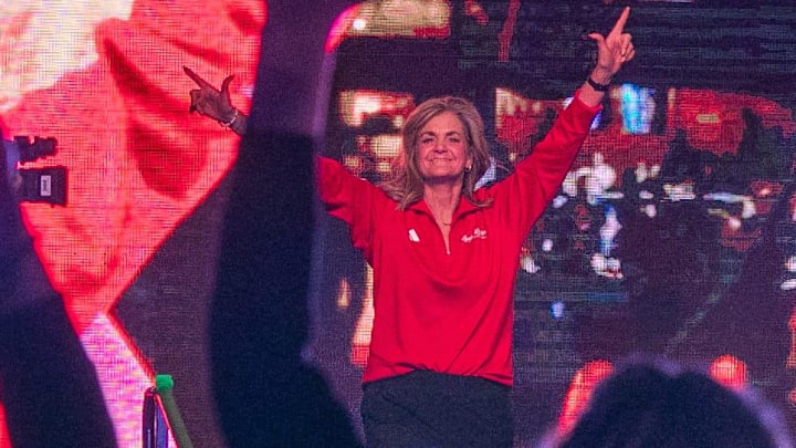 Lady Raiders head coach Krista Gerlich makes her entrance during the Texas Tech basketball block party, Monday, October 28, 2024, on Broadway.