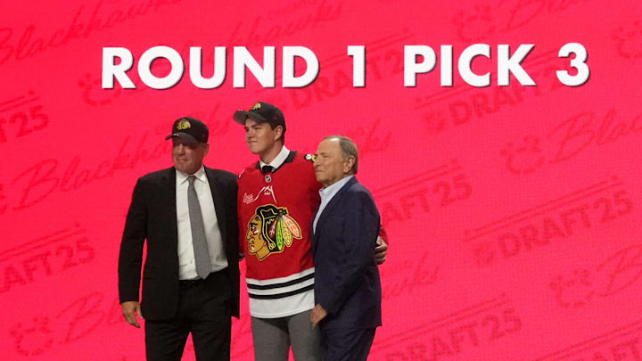 Jun 27, 2025; Los Angeles, California, USA; Anton Frondell is selected as the third overall pick to the Chicago Blackhawks in the first round of the 2025 NHL Draft at Peacock Theater. Mandatory Credit: Kirby Lee-Imagn Images