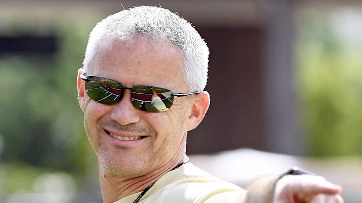 Apr 20, 2024; Tallahassee, Florida, USA; Florida State Seminoles head coach Mike Norvell smiles during the Spring Showcase at Doak S. Campbell Stadium. Mandatory Credit: Melina Myers-Imagn Images