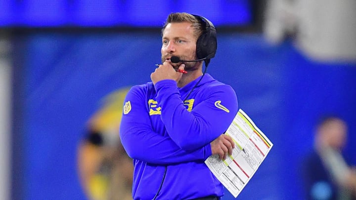 Oct 24, 2024; Inglewood, California, USA; Los Angeles Rams head coach Sean McVay watches game action against the Minnesota Vikings during the first half at SoFi Stadium. Mandatory Credit: Gary A. Vasquez-Imagn Images