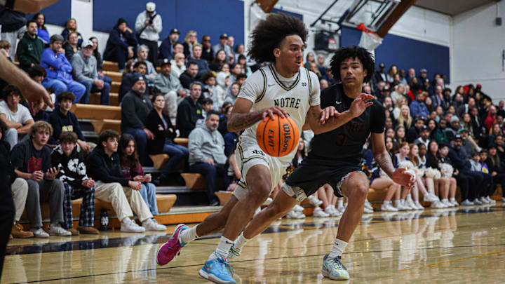 Lino Mark drives to the basket against JSerra in the opening round of the Open Division playoffs at home on Wednesday, Feb. 12, 2025. Lino Mark drives to the basket against JSerra in the opening round of the Open Division playoffs at home on Wednesday, Feb. 12, 2025.