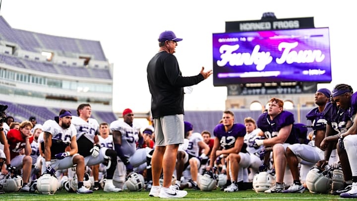 Head coach Sonny Dykes speaks to the players after a spring scrimmage. Head coach Sonny Dykes speaks to the players after a spring scrimmage.