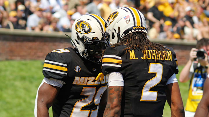 Sept. 13, 2025; Columbia, Missouri, USA; Missouri Tigers running back Ahmad Hardy (29) celebrates with wide receiver Marquis Johnson (2) after a 7-yard touchdown rush.