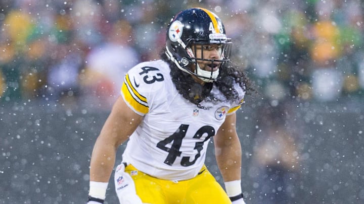 Dec 22, 2013; Green Bay, WI, USA; Pittsburgh Steelers safety Troy Polamalu (43) during the game against the Green Bay Packers at Lambeau Field.  