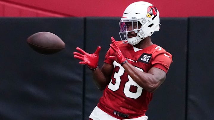 Jul 26, 2023; Glendale, AZ, USA; Arizona Cardinals wide receiver Brian Cobbs (38) during training