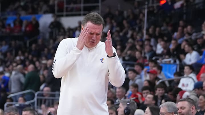 Mar 20, 2025; Providence, RI, USA;  Kansas Jayhawks head coach Bill Self reacts during the first half against the Arkansas Razorbacks at Amica Mutual Pavilion. Mandatory Credit: Gregory Fisher-Imagn Images