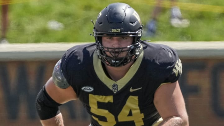 Sep 9, 2023; Winston-Salem, North Carolina, USA; Wake Forest Demon Deacons offensive lineman Matt Gulbin (54) during the second quarter at Allegacy Federal Credit Union Stadium. Mandatory Credit: Jim Dedmon-Imagn Images Sep 9, 2023; Winston-Salem, North Carolina, USA; Wake Forest Demon Deacons offensive lineman Matt Gulbin (54) during the second quarter at Allegacy Federal Credit Union Stadium. Mandatory Credit: Jim Dedmon-Imagn Images