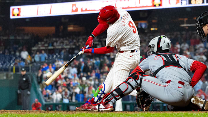 Apr 2, 2024; Philadelphia, Pennsylvania, USA; Philadelphia Phillies first baseman Bryce Harper (3) Apr 2, 2024; Philadelphia, Pennsylvania, USA; Philadelphia Phillies first baseman Bryce Harper (3)