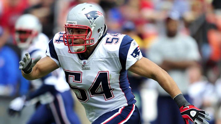 Oct 5, 2008; San Francisco, CA, USA; New England Patriots linebacker Tedy Bruschi (54) during the Patriots 30-21 victory over the San Francisco 49ers at Monster Park. Mandatory Credit: Kirby Lee/Image of Sport-Imagn Images