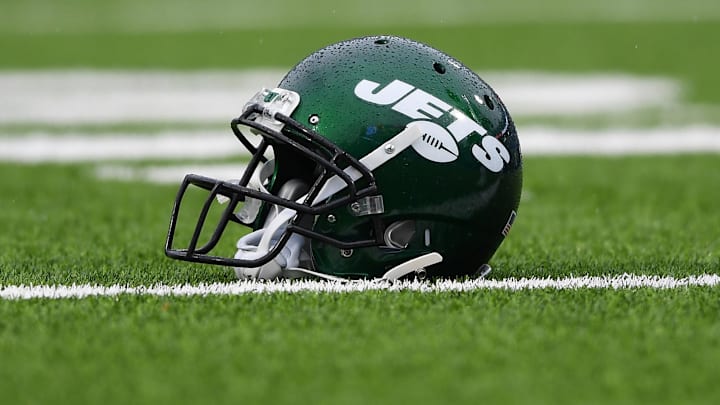 Dec 29, 2019; Orchard Park, New York, USA; General view of a New York Jets helmet prior to the game against the Buffalo Bills at New Era Field. Mandatory Credit: Rich Barnes-Imagn Images