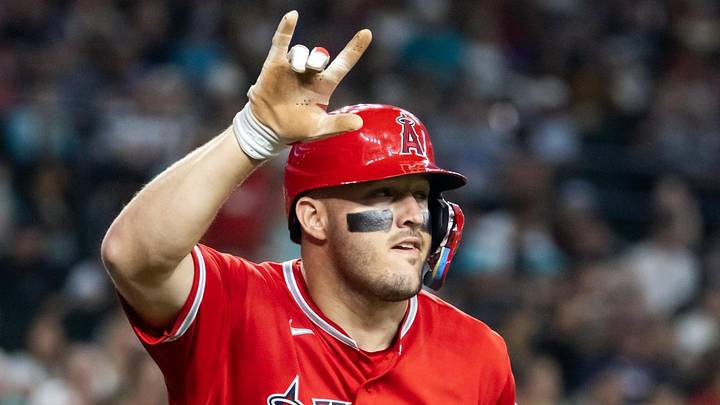 Jun 15, 2026; Phoenix, Arizona, USA; Los Angeles Angels outfielder Mike Trout celebrates after hitting a solo home run against the Arizona Diamondbacks in the fifth inning at Chase Field. Mandatory Credit: Mark J. Rebilas-Imagn Images