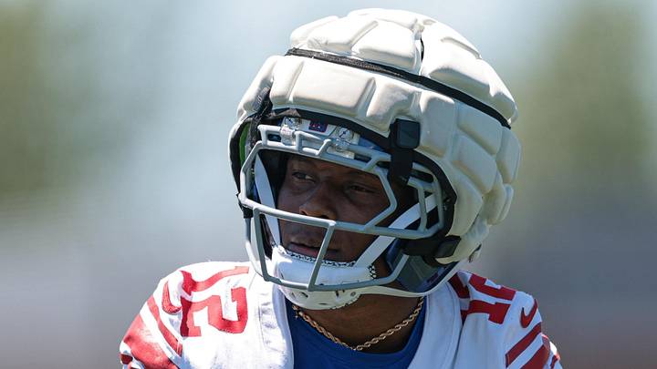 Jun 3, 2026; East Rutherford, NJ, USA; New York Giants cornerback Colton Hood (12) participates in drills during organized team activities at Quest Diagnostics Training Center. Jun 3, 2026; East Rutherford, NJ, USA; New York Giants cornerback Colton Hood (12) participates in drills during organized team activities at Quest Diagnostics Training Center.