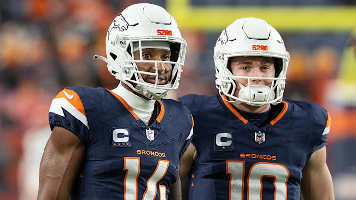 December 3, 2024, Denver, Colorado, USA: Broncos WR COURTLAND SUTTON & QB BO NIX talk on the sideline during warm-ups before the 1st. Half at Empower Field at Mile High Monday night. The Broncos beat the Browns 41-32.