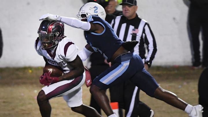 Westside (13-0) played South Florence (11-3) for the AAAA high school football championships. The game was played at South Carolina State's Oliver C. Dawson Stadium in Orangeburg on Dec. 13, 2024. Westside's Chamarryus Bomar (1) pulls down the ball and makes it to the end zone.