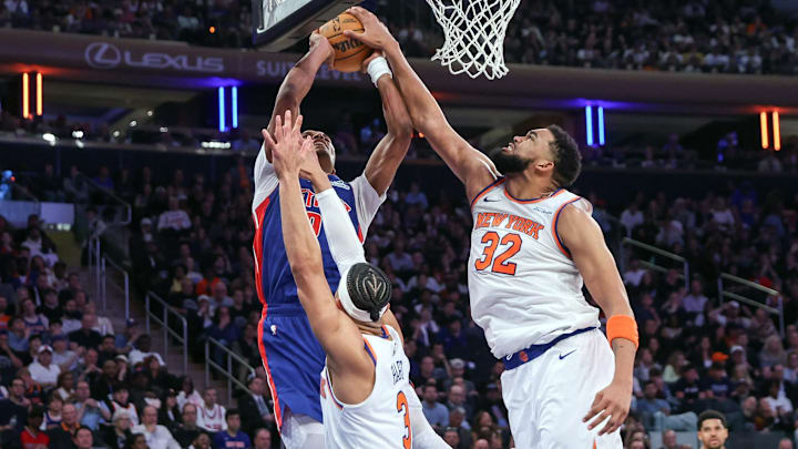 Apr 19, 2025; New York, New York, USA; Detroit Pistons forward Ausar Thompson (9) has his shot blocked by center Karl-Anthony Towns (32) in Game One of the First Round of the NBA Playoffs at Madison Square Garden. Mandatory Credit: Wendell Cruz-Imagn Images Apr 19, 2025; New York, New York, USA; Detroit Pistons forward Ausar Thompson (9) has his shot blocked by center Karl-Anthony Towns (32) in Game One of the First Round of the NBA Playoffs at Madison Square Garden. Mandatory Credit: Wendell Cruz-Imagn Images