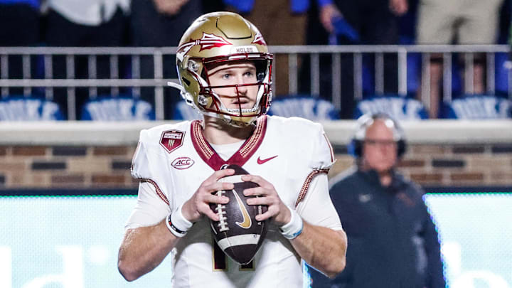 Oct 18, 2024; Durham, North Carolina, USA; Florida State Seminoles quarterback Luke Kromenhoek (14) prepares to throw the football during the second half of the game against Duke Blue Devils at Wallace Wade Stadium. Mandatory Credit: Jaylynn Nash-Imagn Images