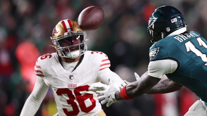 Jan 11, 2026; Philadelphia, PA, USA; Philadelphia Eagles wide receiver A.J. Brown (11) is unable to make a catch as San Francisco 49ers safety Marques Sigle (36) looks on during the second quarter in an NFC Wild Card Round game at Lincoln Financial Field. Mandatory Credit: Bill Streicher-Imagn Images