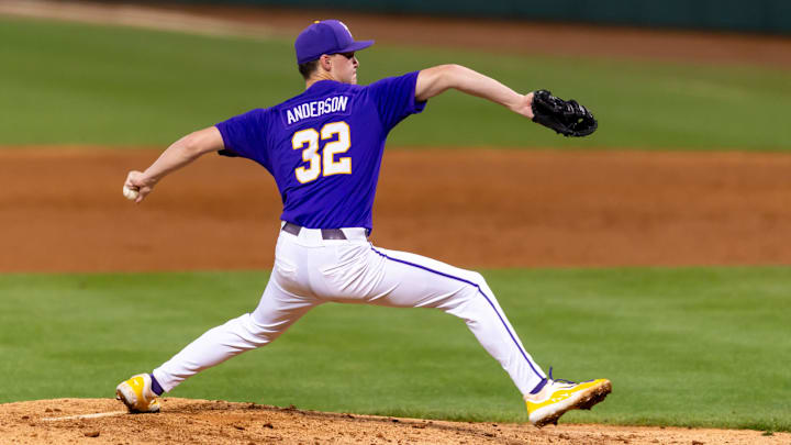 Tigers starting pitcher Kade Anderson 32 on the mound as LSU Tigers take on Alabama Baseball in Baton Rouge, LA. Thursday, April 17, 2025.