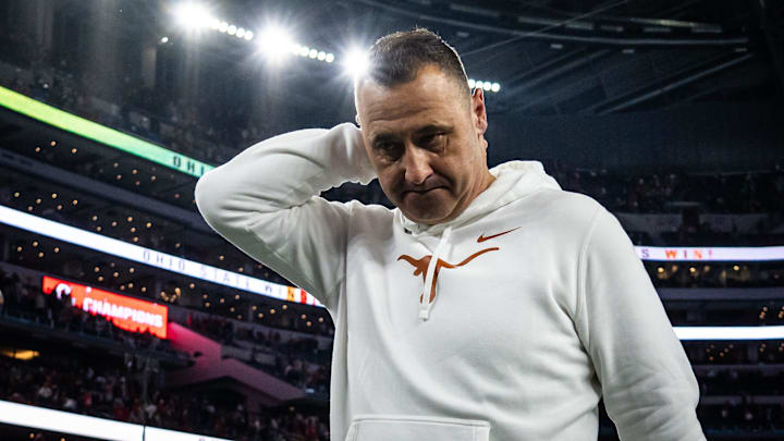Texas Longhorns head coach Steve Sarkisian reacts as he heads to the locker room after the Longhorns' 28-14 loss to the Ohio State Buckeyes in the Cotton Bowl College Football Playoff semi-final at AT&T Stadium in Dallas, Texas, Jan. 10, 2025.