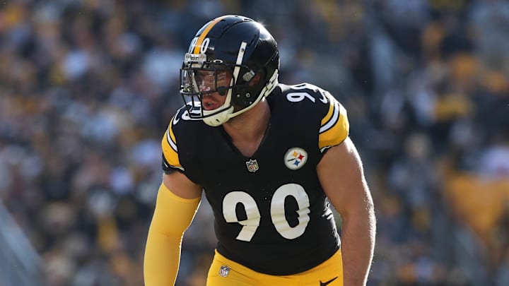 Dec 8, 2024; Pittsburgh, Pennsylvania, USA;  Pittsburgh Steelers linebacker T.J. Watt (90) at the line of scrimmage against the Cleveland Browns during the first quarter at Acrisure Stadium. Mandatory Credit: Charles LeClaire-Imagn Images