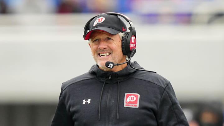Nov 28, 2025; Lawrence, Kansas, USA; Utah Utes head coach Kyle Whittingham reacts during the second half against the Kansas Jayhawks at David Booth Kansas Memorial Stadium. Mandatory Credit: Jay Biggerstaff-Imagn Images