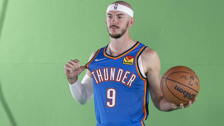Sep 30, 2024; Oklahoma City, OK, USA; Oklahoma City Thunder guard Alex Caruso during Oklahoma City Thunder Media Day at Paycom Center. Mandatory Credit: Alonzo Adams-Imagn Images