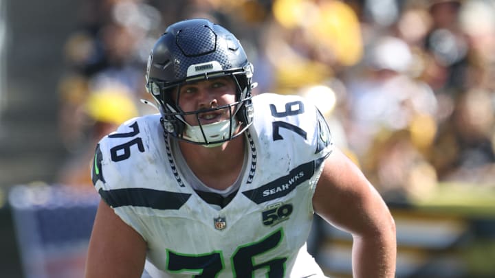 Sep 14, 2025; Pittsburgh, Pennsylvania, USA;  Seattle Seahawks guard Grey Zabel (76) at the line of scrimmage against the Pittsburgh Steelers during the fourth quarter at Acrisure Stadium. Mandatory Credit: Charles LeClaire-Imagn Images