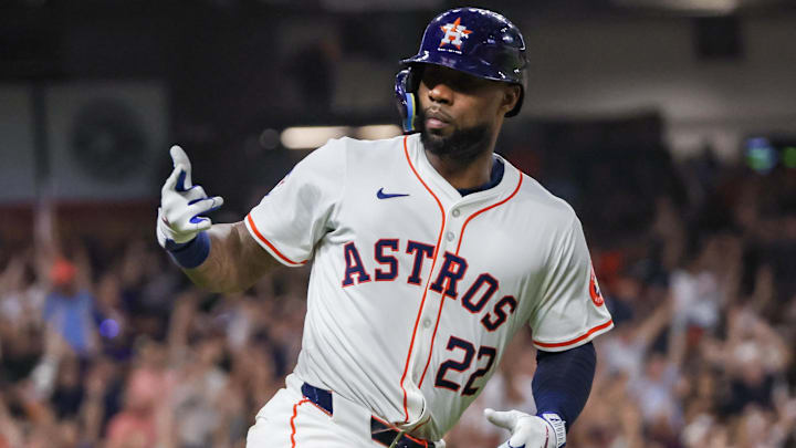Sep 24, 2024; Houston, Texas, USA; Houston Astros left fielder Jason Heyward (22) reacts after hitting a two run home run against the Seattle Mariners in the fifth inning at Minute Maid Park.