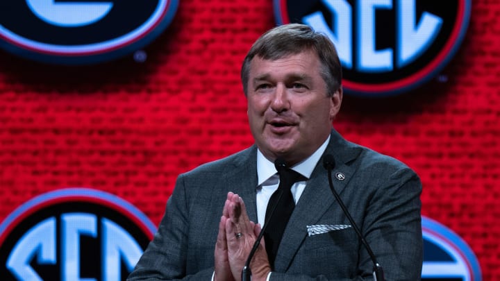 Georgia head coach Kirby Smart speaks at SEC Media Days.