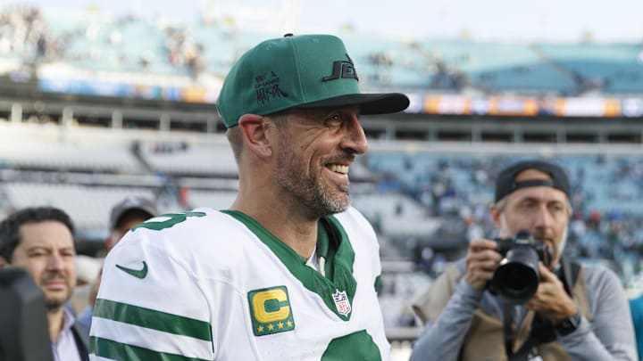 New York Jets quarterback Aaron Rodgers (8) after the game against the Jacksonville Jaguars at EverBank Stadium.