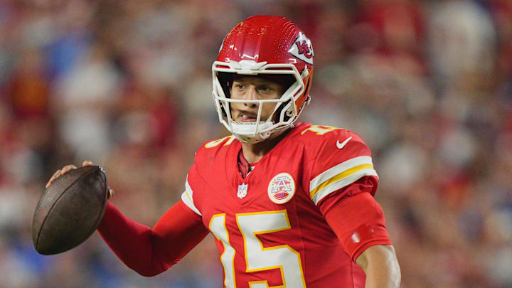 Oct 12, 2025; Kansas City, Missouri, USA; Kansas City Chiefs quarterback Patrick Mahomes (15) rushes the ball against the Detroit Lions during the first half at GEHA Field at Arrowhead Stadium. Mandatory Credit: Jay Biggerstaff-Imagn Images