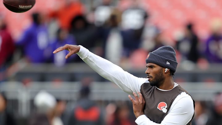 Cleveland Browns quarterback Shedeur Sanders warms up before an NFL football game at Huntington Bank Field, Nov. 16, 2025, in Cleveland, Ohio. Cleveland Browns quarterback Shedeur Sanders warms up before an NFL football game at Huntington Bank Field, Nov. 16, 2025, in Cleveland, Ohio.