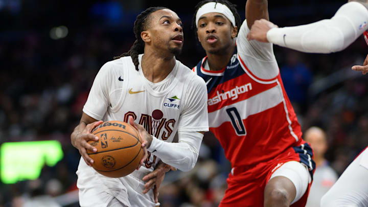 Feb 7, 2025; Washington, District of Columbia, USA; Cleveland Cavaliers guard Darius Garland (10) drives to the basket against Washington Wizards guard Bilal Coulibaly (0) during the third quarter at Capital One Arena. Mandatory Credit: Reggie Hildred-Imagn Images