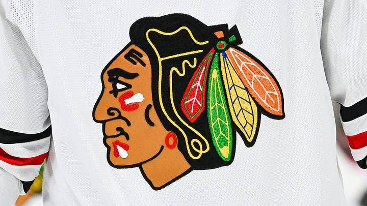Feb 14, 2023; Montreal, Quebec, CAN; View of a Chicago Blackhawks logo on a jersey worn by a member of the team against the Montreal Canadiens during the third period at Bell Centre. Mandatory Credit: David Kirouac-Imagn Images