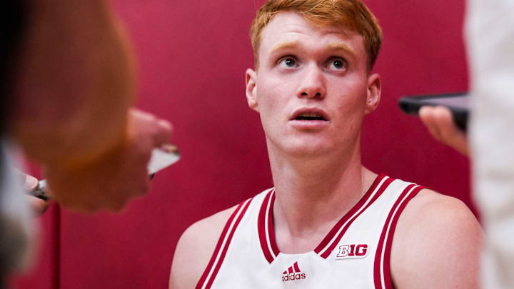 Indiana Hoosiers forward Luke Goode (10) answers a question during Indiana media day at Cook Hall.