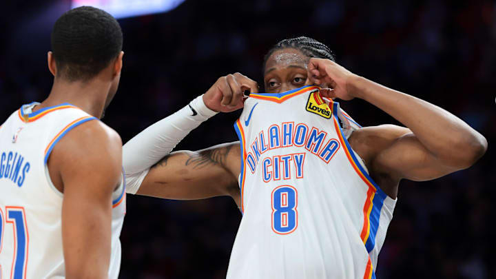 Jan 17, 2026; Miami, Florida, USA; Oklahoma City Thunder guard Jalen Williams (8) reacts against the Miami Heat during the second quarter at Kaseya Center. Mandatory Credit: Sam Navarro-Imagn Images