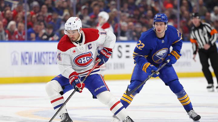 Montreal Canadiens center Nick Suzuki and Buffalo Sabres winger Jack Quinn
