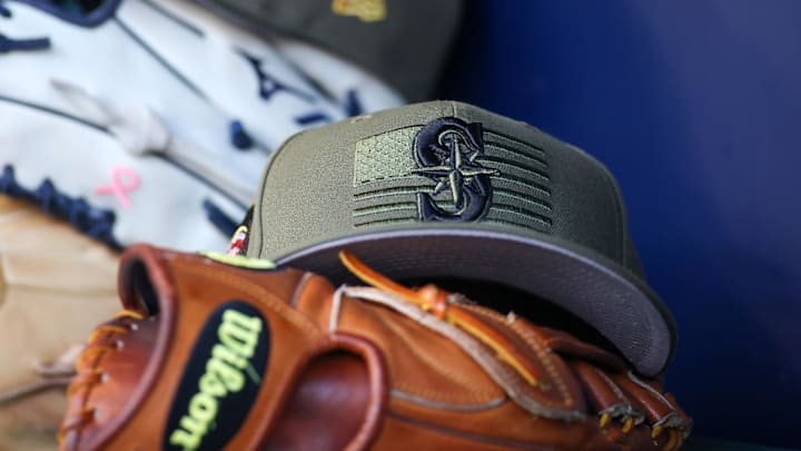 A detailed view of the Seattle Mariners armed forces day hat in the dugout against the Atlanta Braves in the first inning at Truist Park in 2023. 