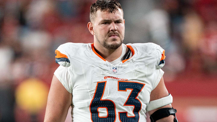 August 9, 2025; Santa Clara, California, USA; Denver Broncos offensive tackle Alex Palczewski (63) after the game against the San Francisco 49ers at Levi's Stadium. Mandatory Credit: Kyle Terada-Imagn Images