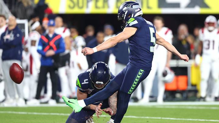 Seattle Seahawks place kicker Jason Myers (5) kicks a field goal against the New England Patriots.