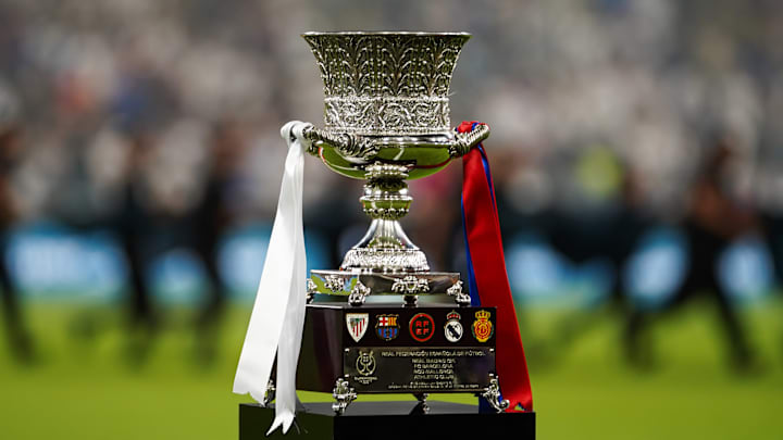 The Spanish Super Cup trophy is presented before the final...