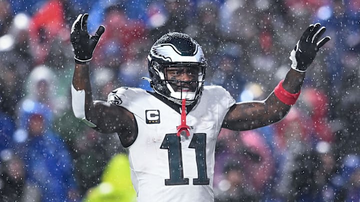 Dec 28, 2025; Orchard Park, New York, USA; Philadelphia Eagles wide receiver A.J. Brown (11) during a timeout in the third quarter against the Buffalo Bills at Highmark Stadium. Mandatory Credit: Mark Konezny-Imagn Images Dec 28, 2025; Orchard Park, New York, USA; Philadelphia Eagles wide receiver A.J. Brown (11) during a timeout in the third quarter against the Buffalo Bills at Highmark Stadium. Mandatory Credit: Mark Konezny-Imagn Images