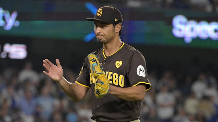 Oct 6, 2024; Los Angeles, California, USA; San Diego Padres pitcher Yu Darvish (11) reacts after an out in the seventh inning against the Los Angeles Dodgers during game two of the NLDS for the 2024 MLB Playoffs at Dodger Stadium. Mandatory Credit: Jayne Kamin-Oncea-Imagn Images Oct 6, 2024; Los Angeles, California, USA; San Diego Padres pitcher Yu Darvish (11) reacts after an out in the seventh inning against the Los Angeles Dodgers during game two of the NLDS for the 2024 MLB Playoffs at Dodger Stadium. Mandatory Credit: Jayne Kamin-Oncea-Imagn Images