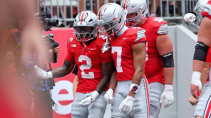 Sep 5, 2026; Columbus, Ohio, USA;  Ohio State Buckeyes running back Legend Bey (2) celebrates a touchdown during the fourth quarter against the Ball State Cardinals at Ohio Stadium.  Mandatory Credit: Joseph Maiorana-Imagn Images