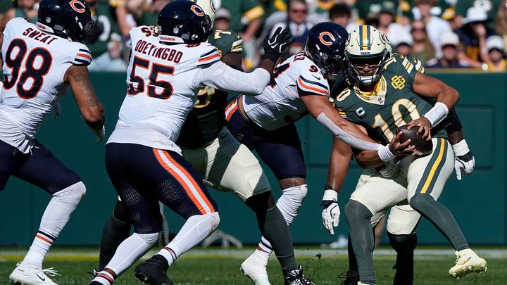 Oct 11, 2026; Green Bay, Wisconsin, USA; Green Bay Packers quarterback Jordan Love (10) is sacked by Chicago Bears defensive end Austin Booker (94) at the end of the second quarter at Lambeau Field. Mandatory Credit: Dan Powers USAToday Network via IMAGN images Oct 11, 2026; Green Bay, Wisconsin, USA; Green Bay Packers quarterback Jordan Love (10) is sacked by Chicago Bears defensive end Austin Booker (94) at the end of the second quarter at Lambeau Field. Mandatory Credit: Dan Powers USAToday Network via IMAGN images